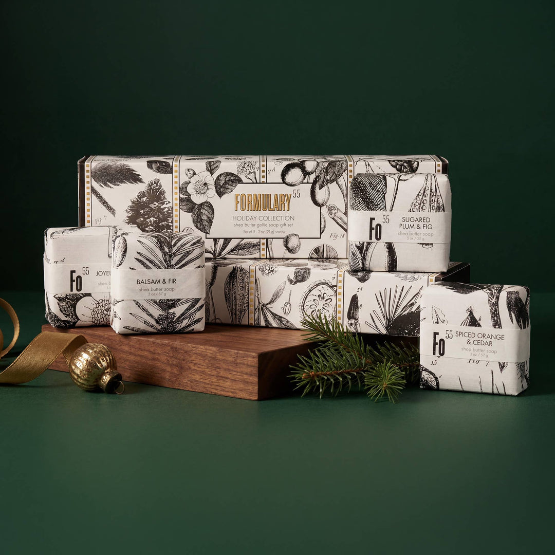Formulary 55 Holiday Petite Soap Gift Set with four 2 oz shea butter soaps in a botanical gift box